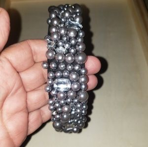 Gray Silver Pearl Rhinestone Wide Bling Bedazzled Headband